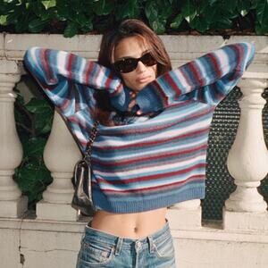 Realisation Ani Striped Cashmere Wool Crewneck Knit Sweater Top Gemstone Blue